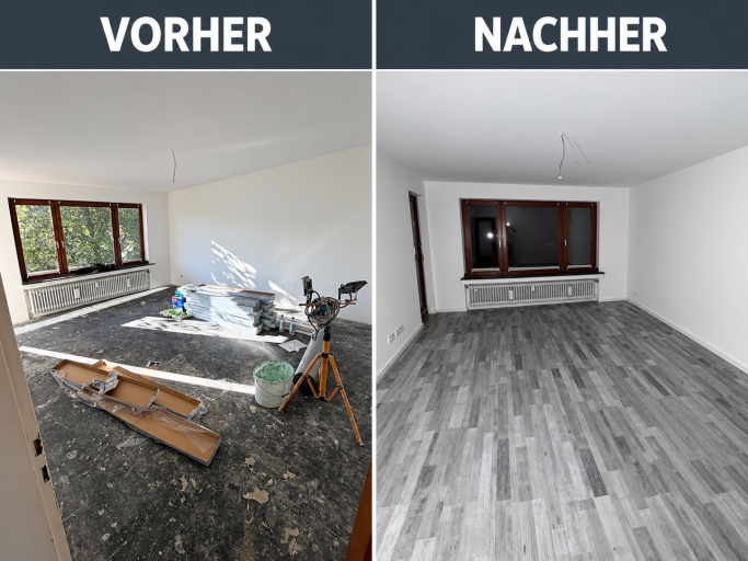 Vorher-Nachher-Vergleich eines Wohnraums: frisch gestrichene weiße Wände und neuer grauer Boden.
