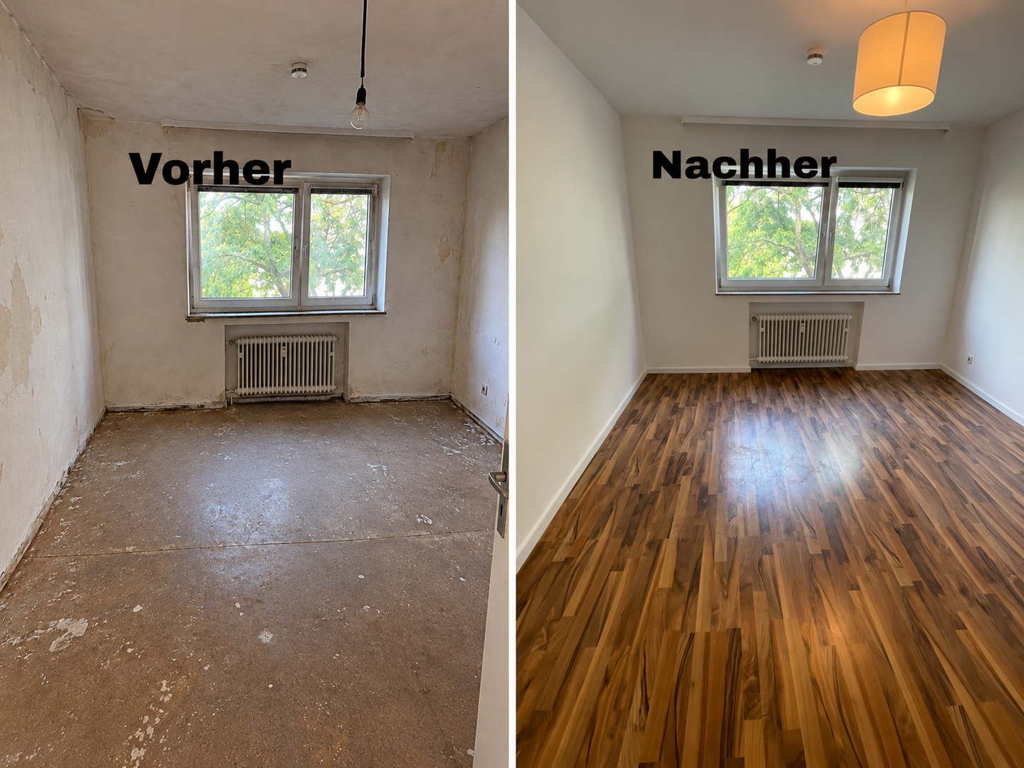 Renovierung mit neuem Boden – vorher und nachher Vorher-Nachher-Vergleich eines renovierten Raumes mit erneuertem Boden und hellen Wänden.